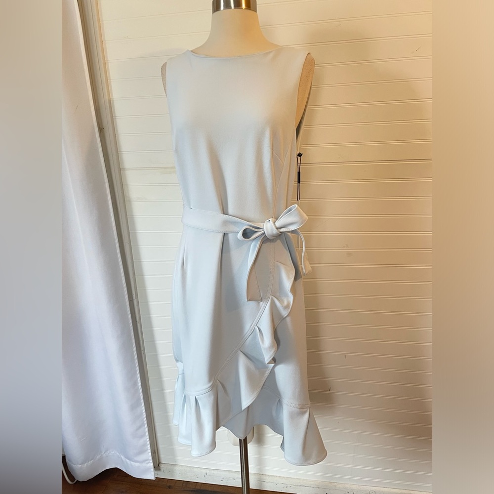 Calvin Klein Light Blue Crepe Ruffle Tulip Hem Faux Wrap Dress NWT Size 10 - Picture 4 of 13
